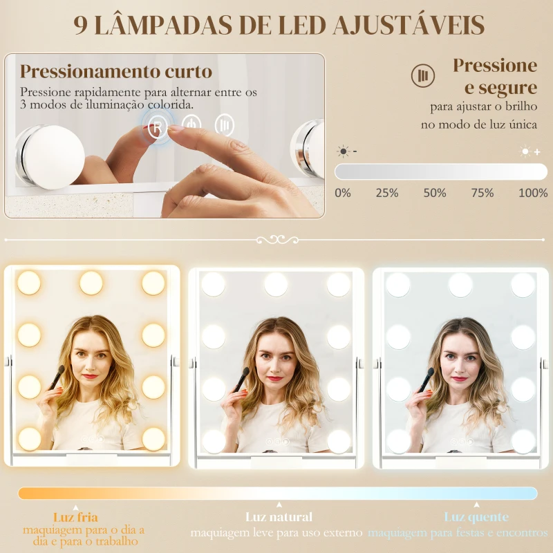 HOMCOM Espelho de Maquilhagem com Luz 9 Lâmpadas LED 3 Cores Interruptor Tátil Suporte para Telemóvel Branco