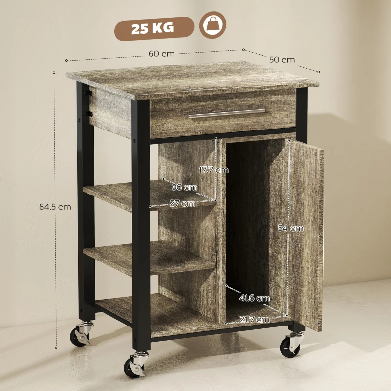 HOMCOM Carrello da Cucina Portavivande con Cassetto, Mensole, Armadietto e 4 Ruote, Legno Truciolare, 60x50x84.5cm, Quercia