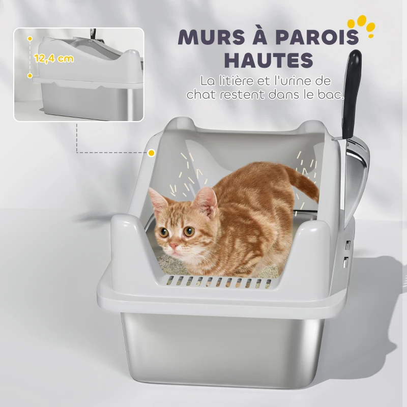 PawHut Bac à litière en acier inoxydable, maison de toilette pour chat, bords hauts, nettoyage facile, 43,1x33,2x25,4cm, gris