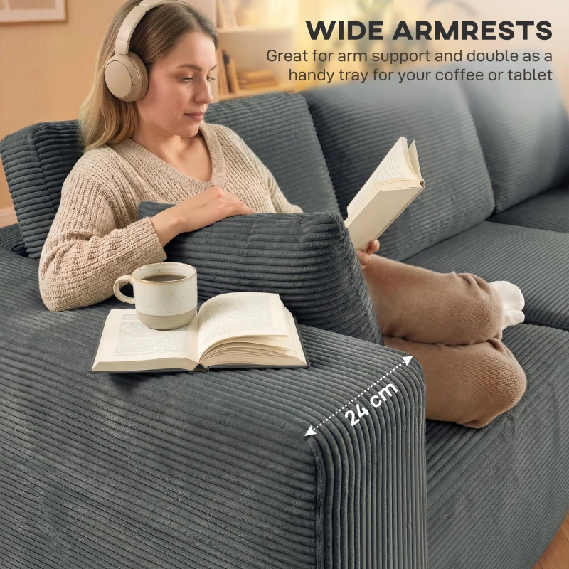 HOMCOM Modułowa narożna sofa, L-kształtna sofa-łóżko z głębokim siedziskiem, szerokimi podłokietnikami, 2 poduszki, ciemnoszary