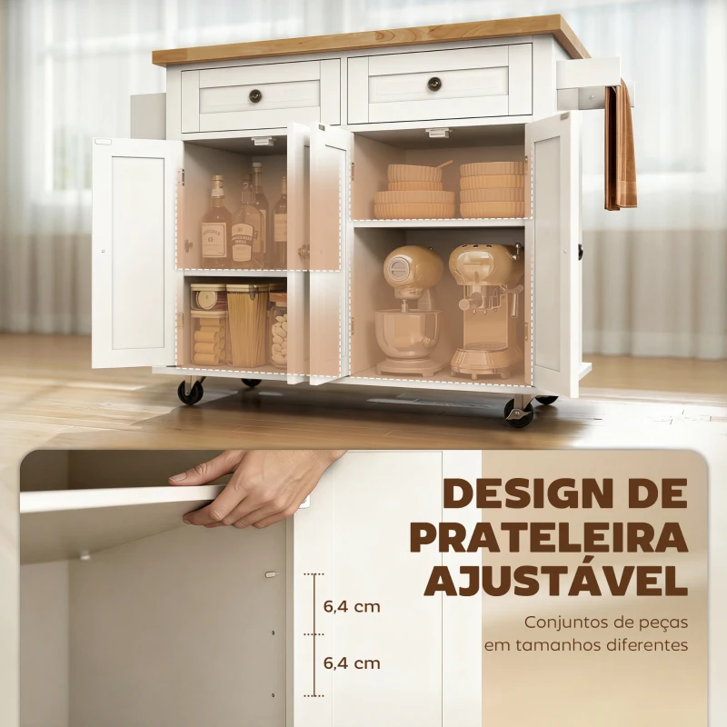 HOMCOM Ilha de Cozinha com Rodas 2 Gavetas 4 Portas Suporte para Temperos e Barra Lateral 111x44,5x82,5cm Branco e Madeira