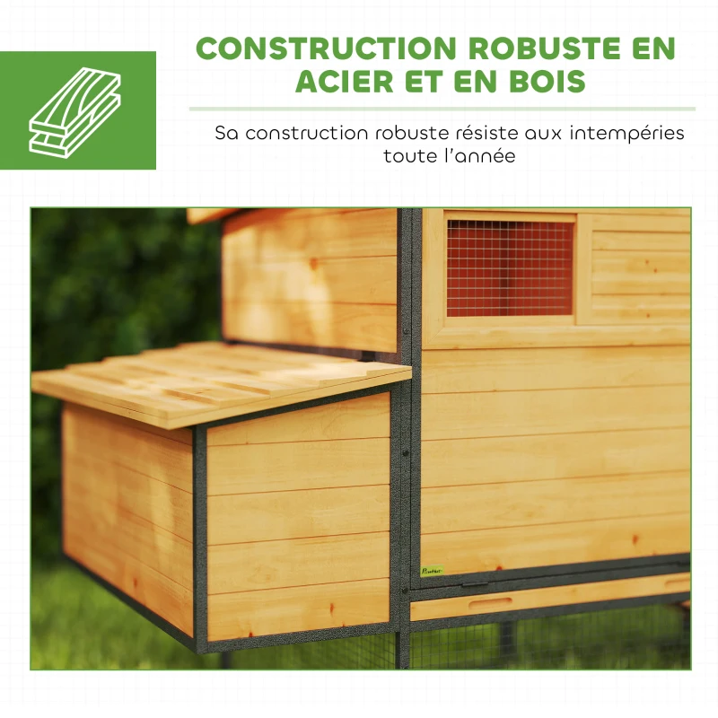 PawHut Poulailler cage à poule en bois et acier avec enclos pondoir tiroir à déjection et toit ouvert 192x81,5x104cm orange