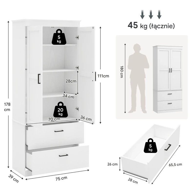Szafka kuchenna, wysoka, regulowane półki, 2 szuflady, kremowa