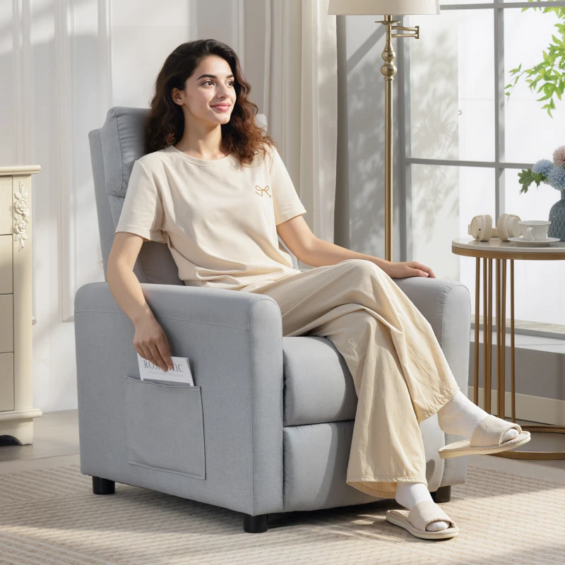 HOMCOM Poltrona Reclinabile 145° max in Tessuto Effetto Lino, Schiuma, Acciaio e Legno, 73x86x100 cm, Grigio Chiaro