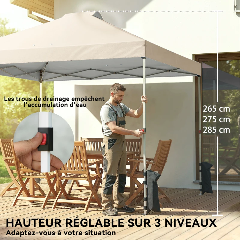Outsunny Tonnelle de jardin pop up tente pliante hauteur réglable 3 parois latérales sacs de sable sac de transport 3 x 3 m crème