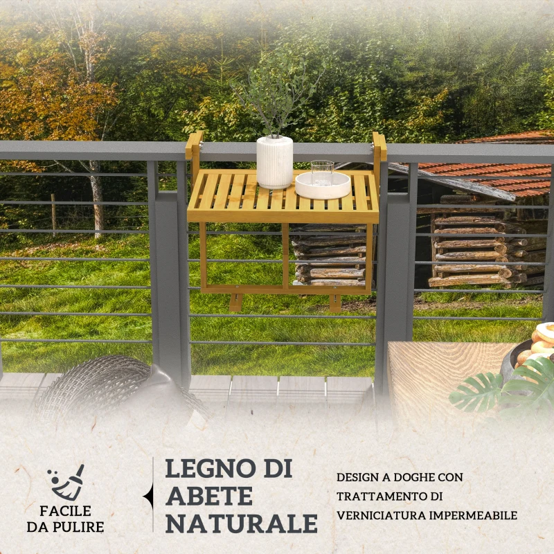 Outsunny Tavolino da Ringhiera per Balcone Pieghevole e Regolabile in Legno, Colore Legno