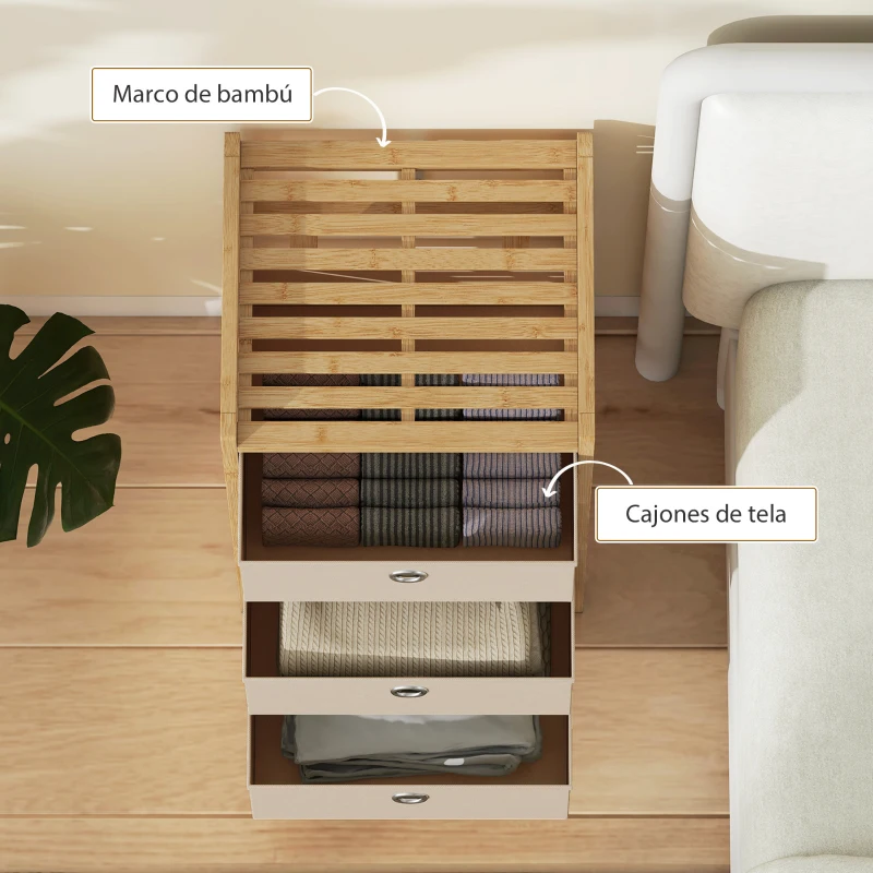 HOMCOM Cómoda con 3 Cajones de Tela Estructura de Bambú Cajonera para Espacios Pequeños Crema y Natural