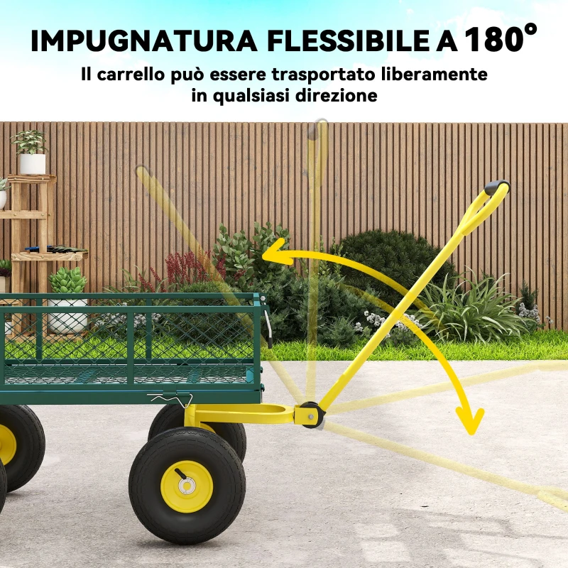 Outsunny Carrello da Giardino in Acciaio con Capacità 200 kg e Pareti Laterali Rimovibili, 104x54x51 cm, Verde e Giallo