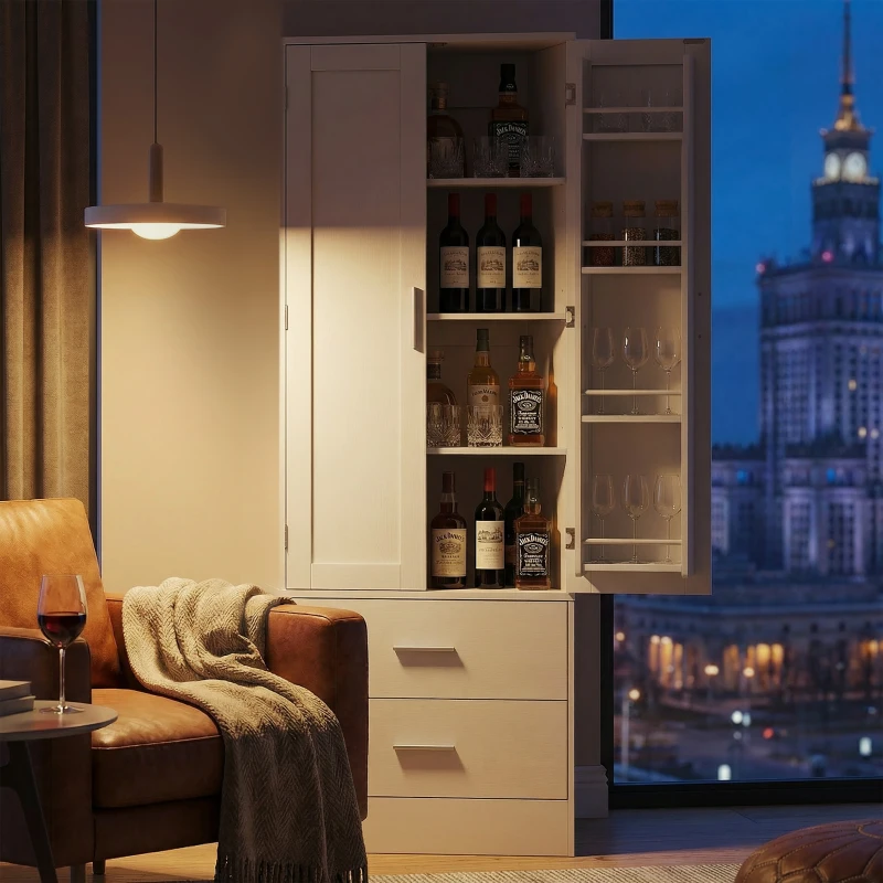 HOMCOM Szafka kuchenna Bufet z 2 drzwiami, 8 półkami drzwiowymi, 2 szufladami, Wysoki szafka z regulowanymi półkami, Nowoczesny schowek na zapasy do salonu, Biały, 60 x 40 x 159 cm