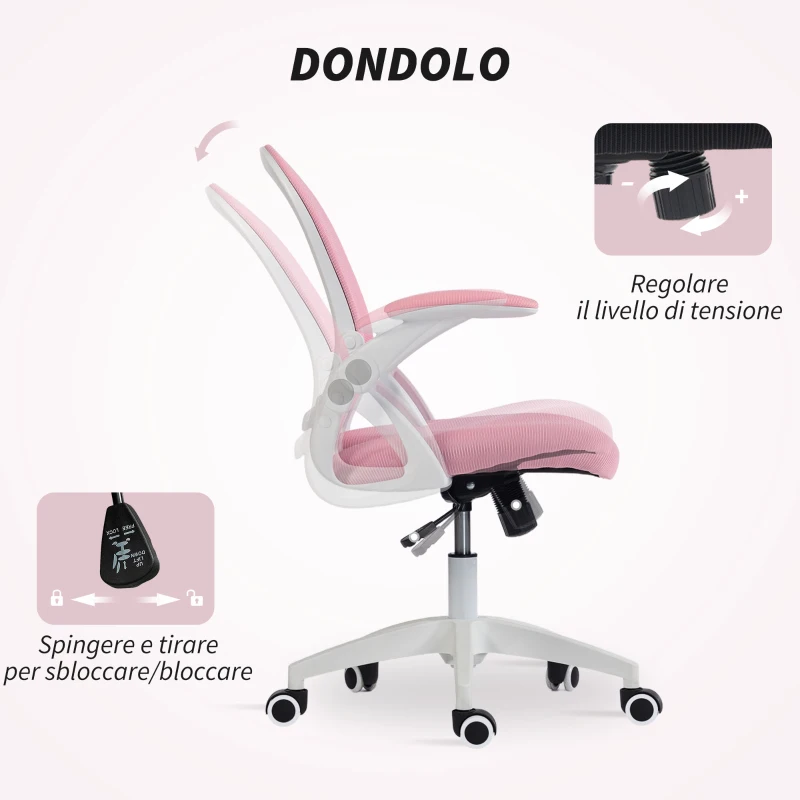 Vinsetto Sedia da Ufficio Ergonomica e Regolabile con Schienale a Rete e Seduta Imbottita, 65.5x61.5x88-97.5 cm, Rosa