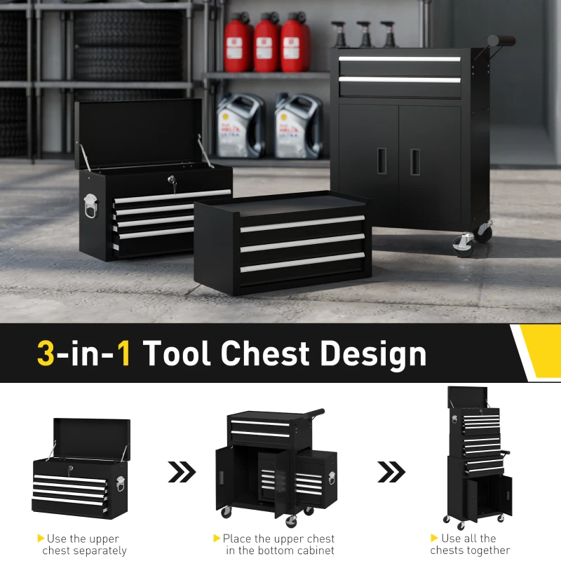 HOMCOM 3-w-1 Skrzynka na narzędzia, jezdna szafka na narzędzia z 4 kołami, zamykana skrzynka na narzędzia z 9 szufladami, stal, czarna