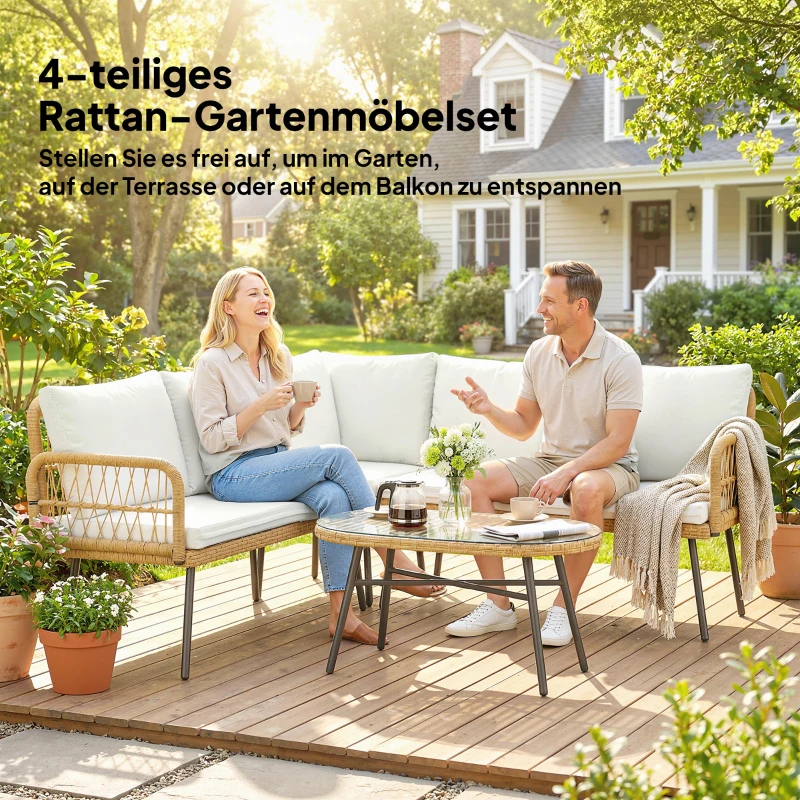 Outsunny Polyrattan Tuinmeubelset 4-delig, Loungeset met Hoekbank Tweezitsbank Glazen Tafel Afneembare Kussens voor 5 Personen