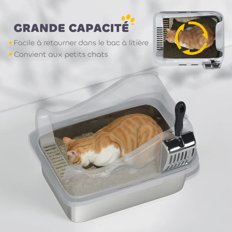 PawHut Bac à litière en acier inoxydable, maison de toilette pour chat, bords hauts, nettoyage facile, 43,1x33,2x25,4cm, gris