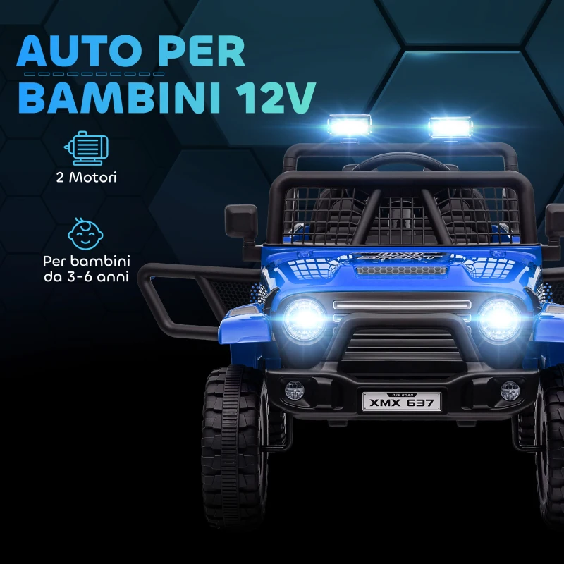 AIYAPLAY Macchina per Bambini Elettrica Fuoristrada 12V con Doppio Motore, Età 3-6 Anni, Telecomando e Luci, Blu
