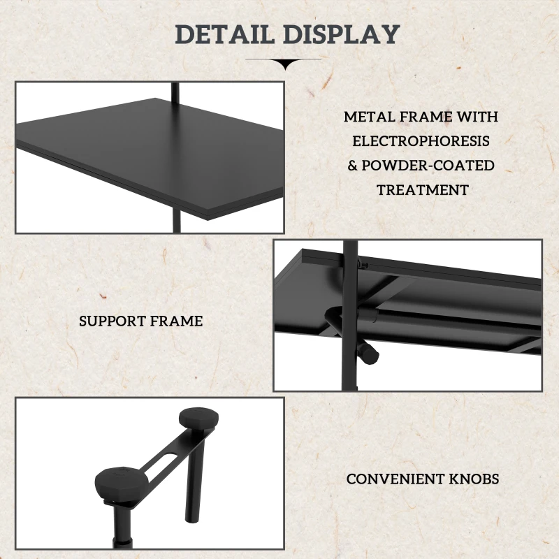 Outsunny Stolik balkonowy, dla balustrad o grubości 6-15 cm, regulowany, składany, odporny na rdzę, metal, 62x60x85,5 cm, czarny