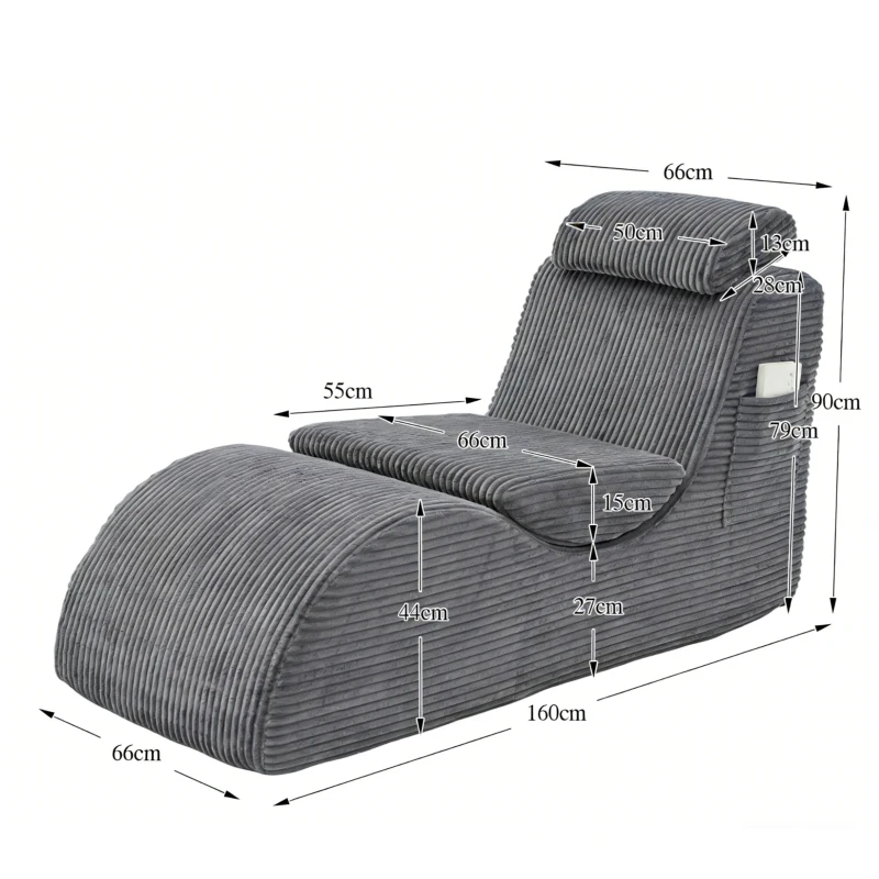 Moderner Freizeit-Sessel mit ergonomischer Rückenlehne, abnehmbarem Sitzkissen und Seitentasche, 160 x 66 x 90 cm, Dunkelgrau