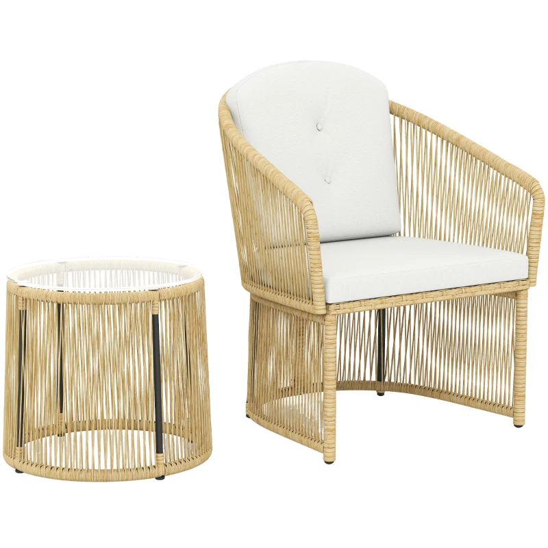 Outsunny Rattan-Bistro-Set, 3-teiliges Gartenmöbel-Set mit rundem Glastisch, Sesseln und Kissen, Cremeweiß