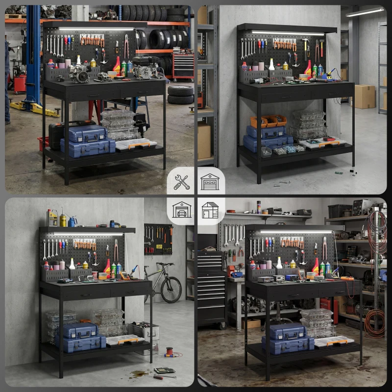 HOMCOM 110 cm Werkbank mit Lochwand, robuste Werkbank mit Steckdosenleiste und LED-Beleuchtung, Schwarz