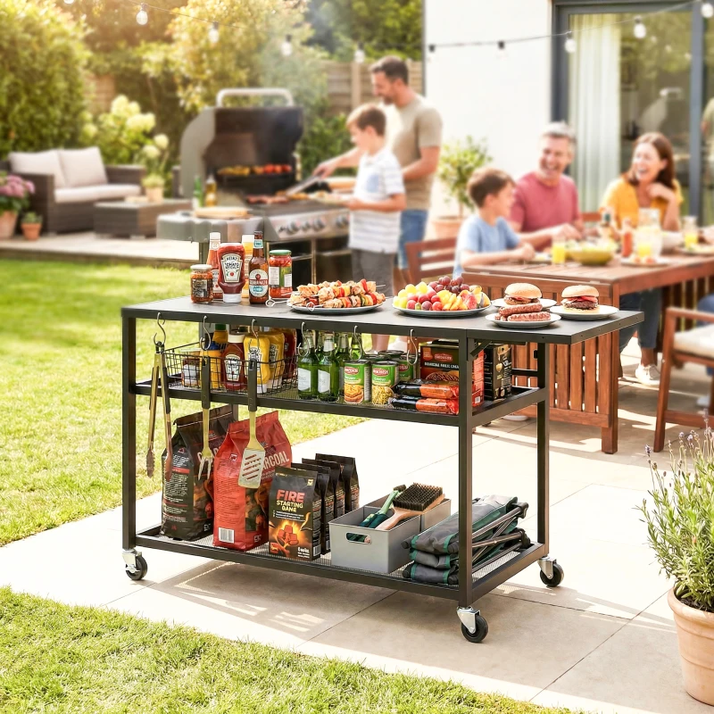 Outsunny Carrito Auxiliar para Barbacoa con Ruedas y Estantes, 133x48,5x82 cm, Negro