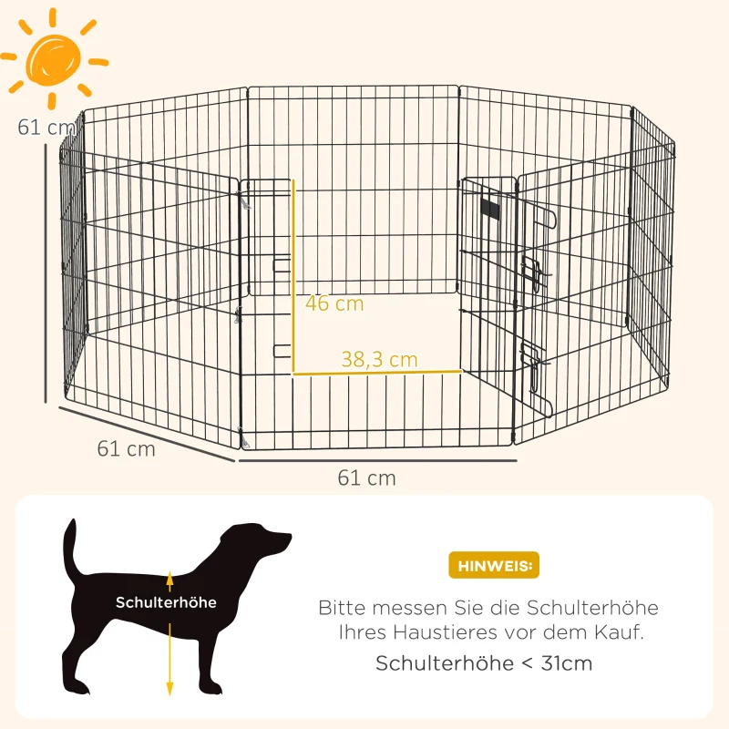 PawHut Haustierlaufstall, Spielgehege für Welpen und kleine Hunde, mit Tür, Indoor- und Outdoor-tauglich, 61 cm, Schwarz
