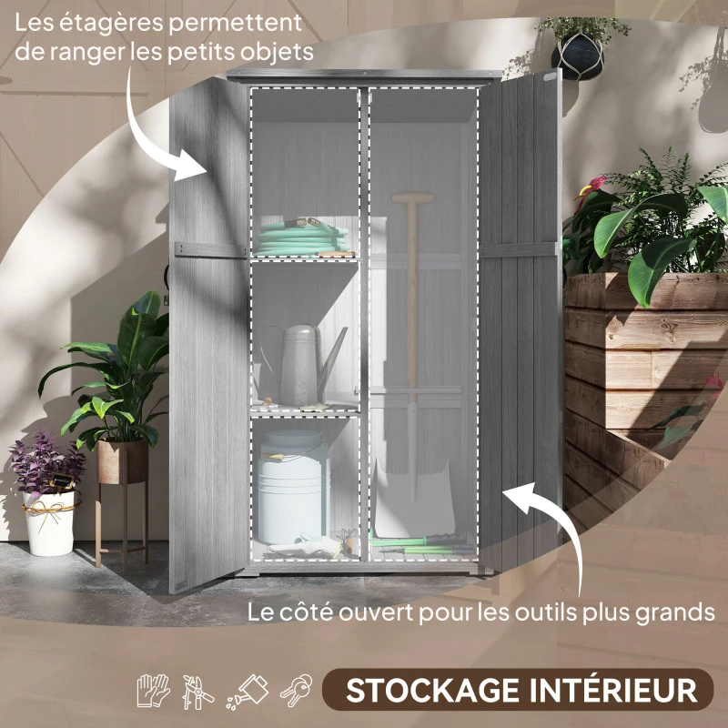 Outsunny Armoire de jardin, abri jardin sur pied, avec 2 étagères, toit incliné et bitumé, en bois massif, 90x54,5x168,5cm, gris