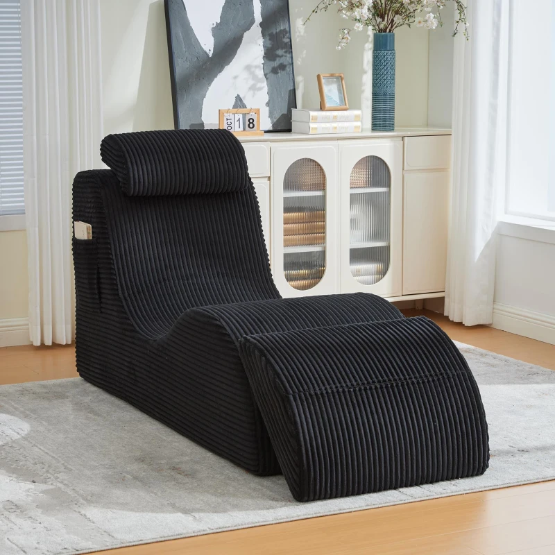 Moderner Freizeit-Sessel mit ergonomischer Rückenlehne, abnehmbarem Sitzkissen und Seitentasche, 160 x 66 x 90 cm, Schwarz