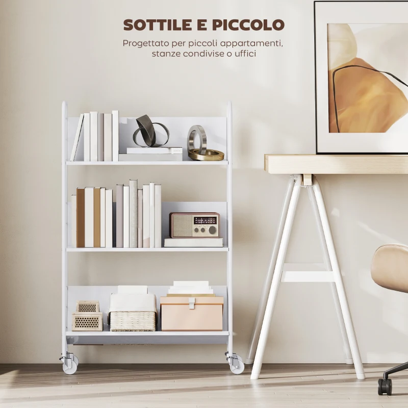HOMCOM Carrello Portalibri Moderno a 3 Livelli con Ruote Girevoli per Libri e Riviste, 69x26x108 cm, Bianco