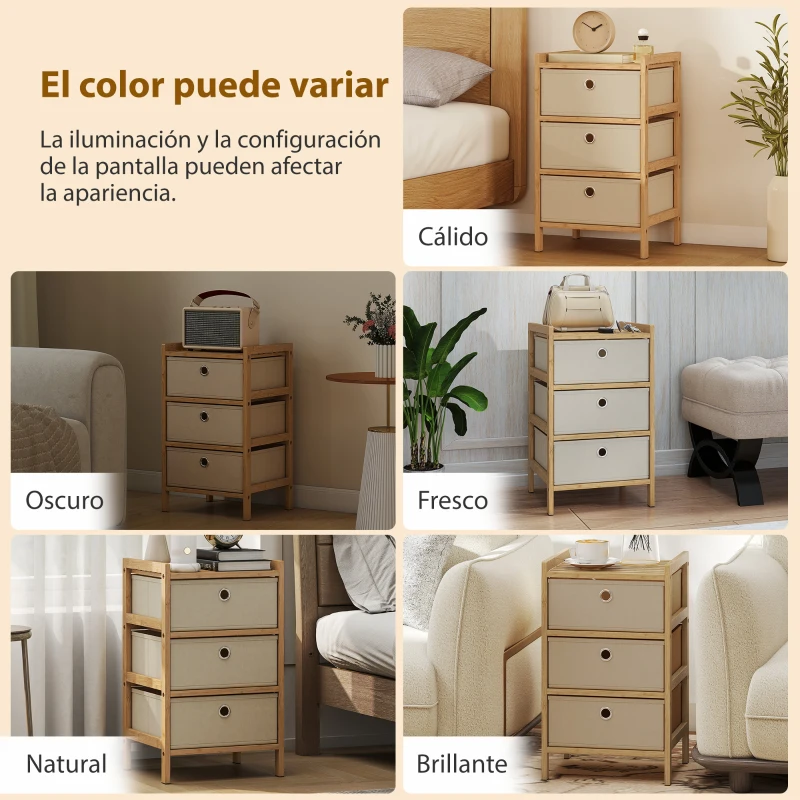 HOMCOM Cómoda con 3 Cajones de Tela Estructura de Bambú Cajonera para Espacios Pequeños Crema y Natural