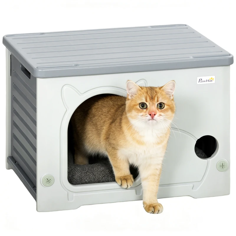 PawHut Cat House Stackable Pet Shelter with Removable Cushion for Indoor Outdoor Use Grey