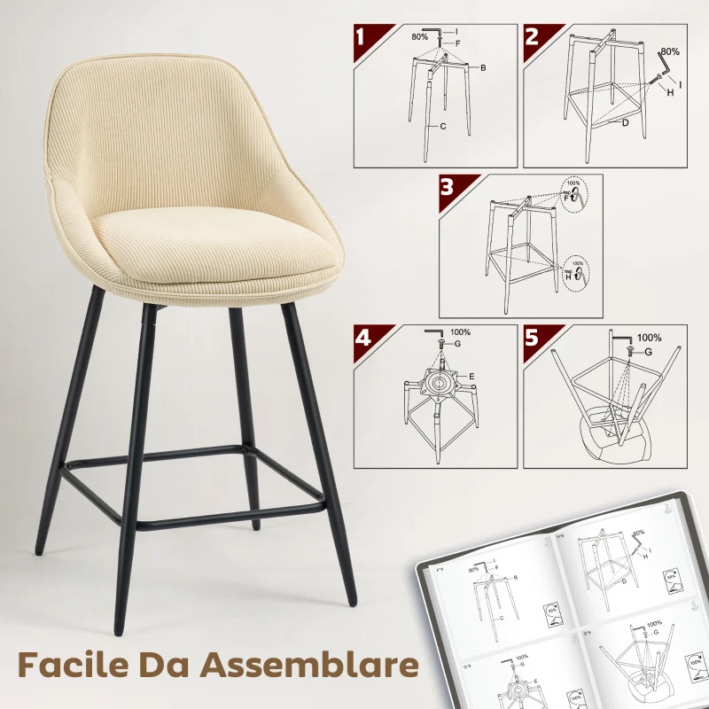 HOMCOM Set 2 Sgabelli Bar Girevoli con Schienale e Braccioli, Rivestimento in Velluto a Coste e Poggiapiedi, Beige