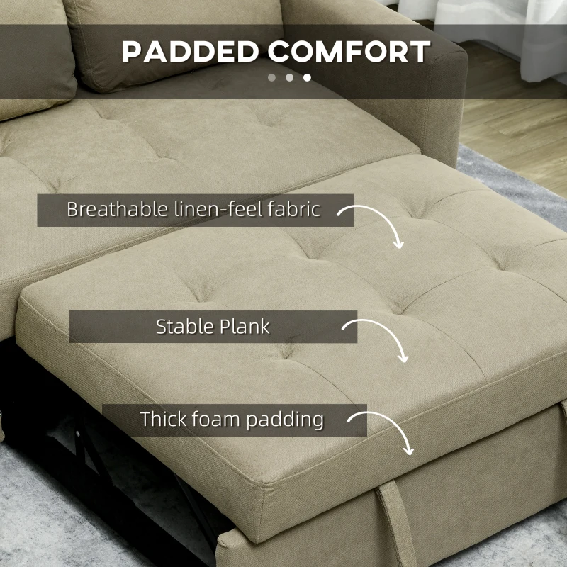 HOMCOM Loveseat Sofa Bed, Convertible Bed Settee with 2 Pillows, Side Pockets, Light Brown