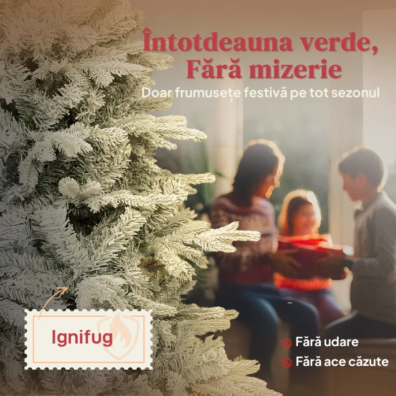 HOMCOM Pom de Crăciun Înzăpezit Înalt 180 cm cu Ramuri Realistice și Bază Metalică Pliabilă