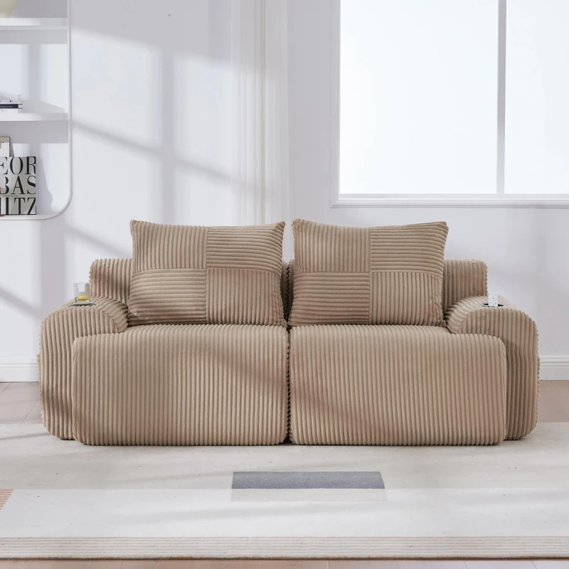 Modulares 2-Sitzer-Cordsofa, mit Getränkehalter und Seitentasche, 200 x 99 x 80 cm, Khaki