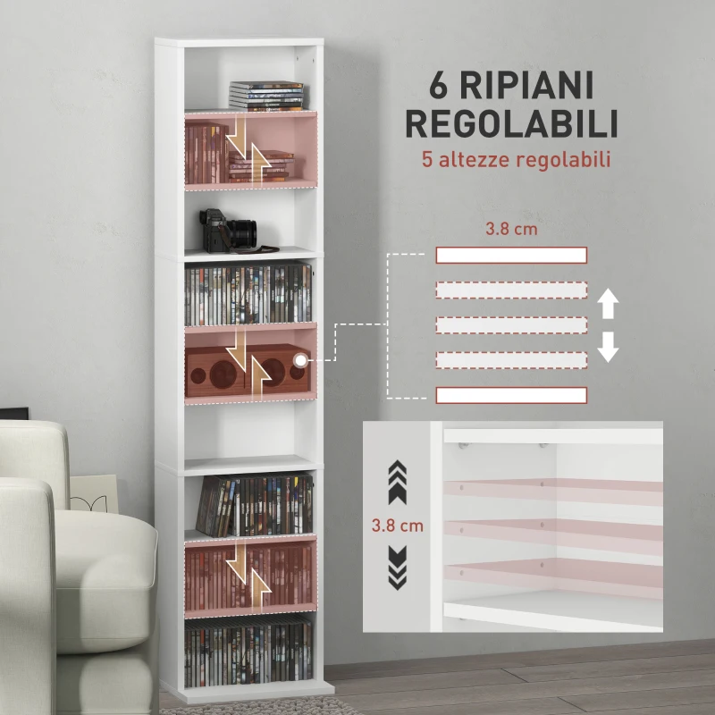 HOMCOM Scaffale Porta CD con 6 Ripiani Regolabili, Capacità di 260 CD/120 DVD, 33x24x140 cm, Bianco