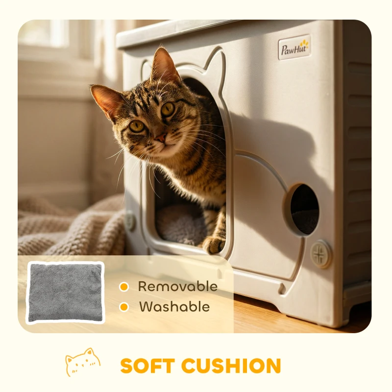 PawHut Cat House Stackable Pet Shelter with Removable Cushion for Indoor Outdoor Use Grey