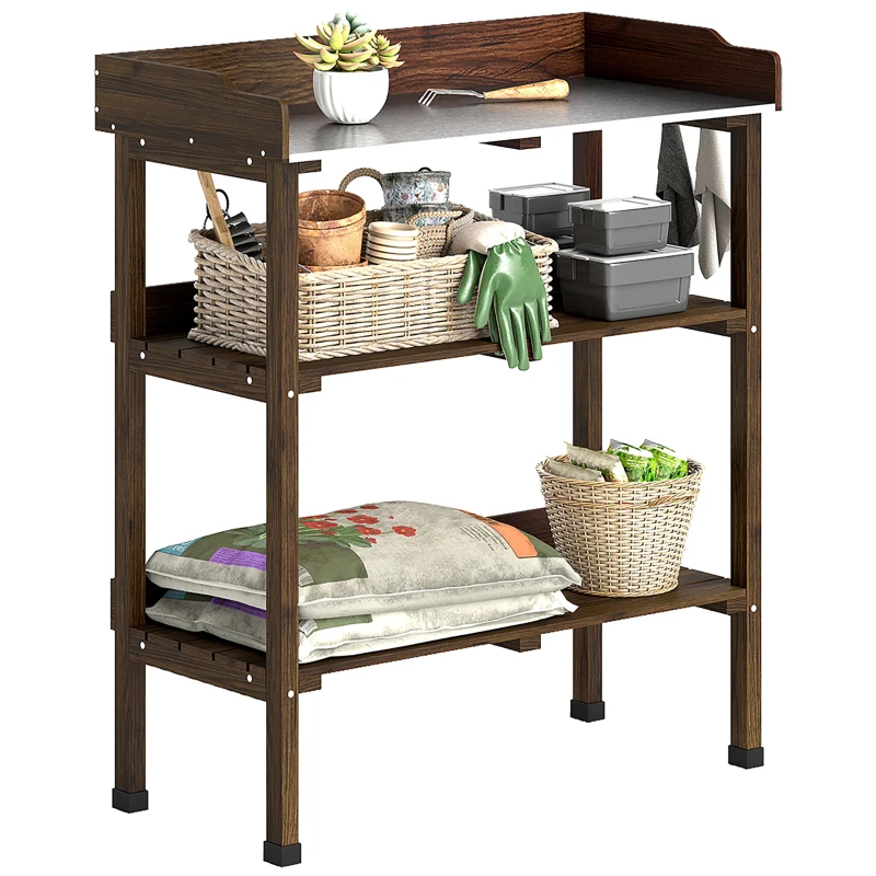 Outsunny Mesa de Jardinagem de Madeira com Superfície Metálica Prateleiras e Ganchos para Jardim e Terraço 76x37x89 cm Carbonizado