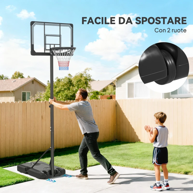 SPORTNOW Canestro Basket a 6 Altezze Regolabili con Base Riempibile e Rotelle, in PE, Acciaio e Poliestere, Nero