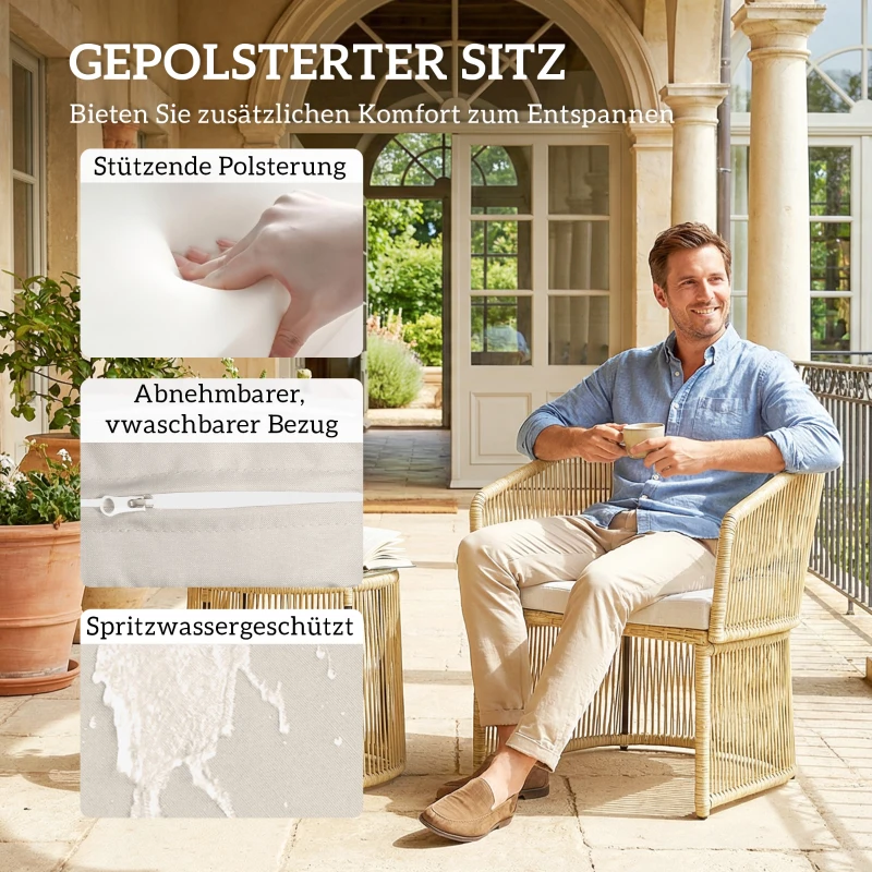 Outsunny Rattan-Bistro-Set, 3-teiliges Gartenmöbel-Set mit rundem Glastisch, Sesseln und Kissen, Cremeweiß