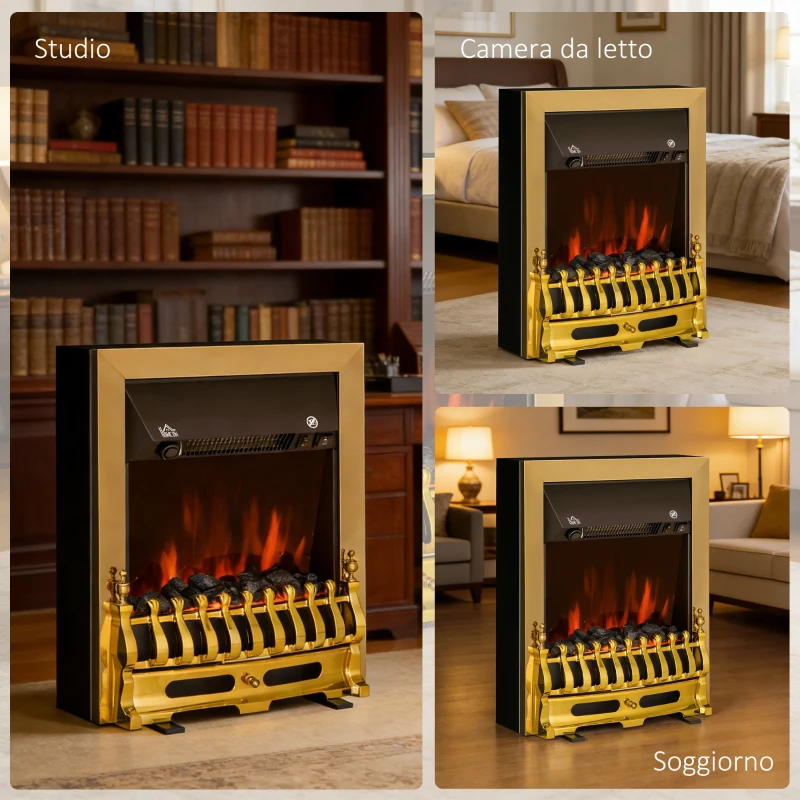 HOMCOM Camino Elettrico da Terra 1000/2000 W Effetto Fiamma LED, Caminetto Elettrico con Protezione da Surriscaldamento e Ribaltamento, Riscaldamento Regolabile, Oro