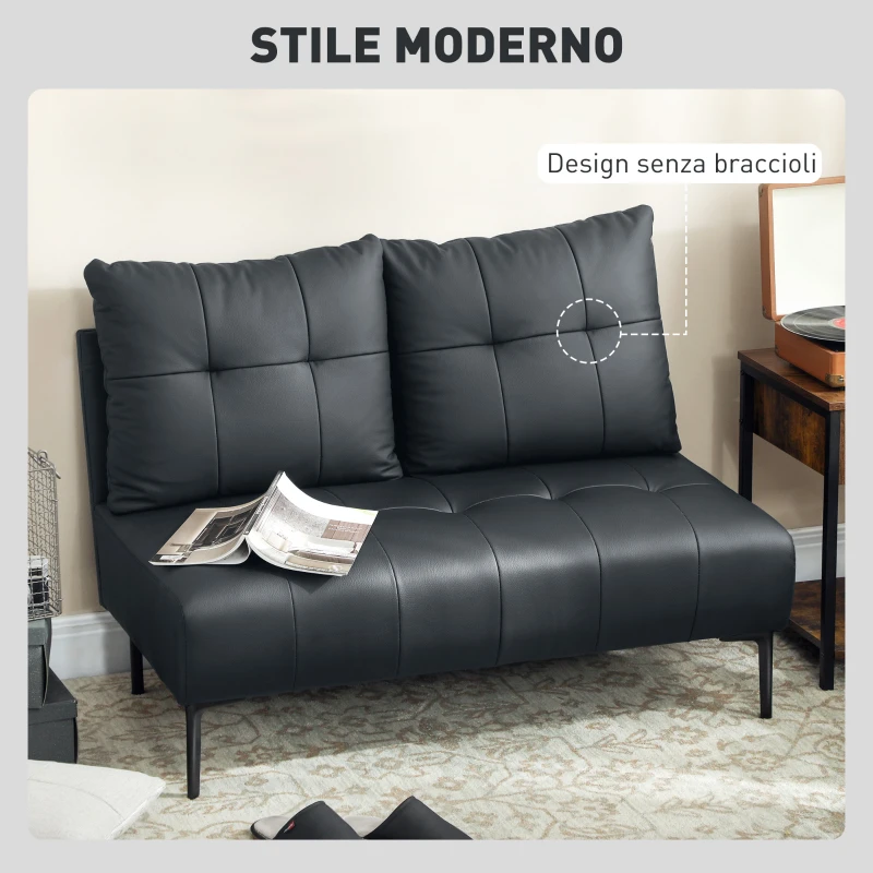 HOMCOM Divano 2 Posti in Finta Pelle Senza Braccioli e Trapuntato a Bottoni, 115x73x83 cm, Nero
