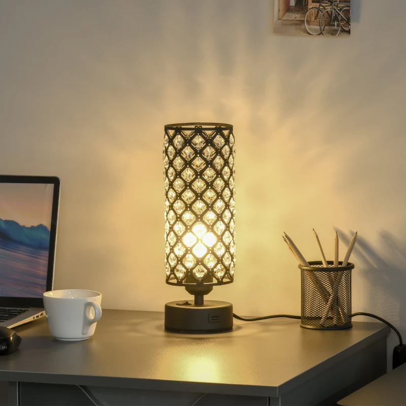 HOMCOM Lampada da Tavolo con Paralume in Cristallo e 2 Porte USB, Luce Regolabile Ф10.8x30cm, Nero