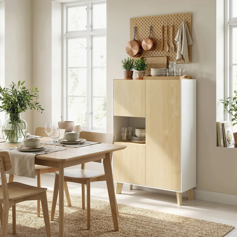 HOMCOM Bufet pentru living, mobilier de depozitare cu 6 compartimente și uși cu închidere amortizată, 80x40x135cm, alb și lemn natural