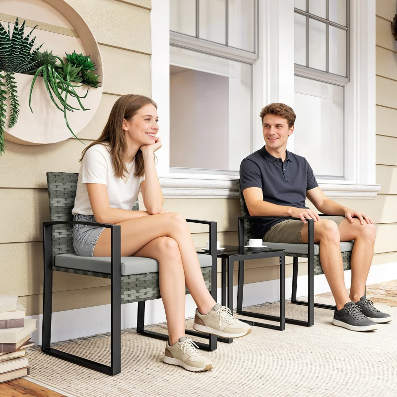 Outsunny Set bistro din ratan, set mobilier de grădină 3 piese cu 2 scaune de grădină, masă de cafea, perne detașabile Gri deschis