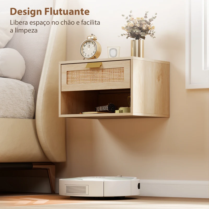 HOMCOM Conjunto de 2 Mesas de Cabeceira Suspensas com Gaveta de Vime Prateleira Aberta Economiza Espaço 40x30x25 cm Carvalho