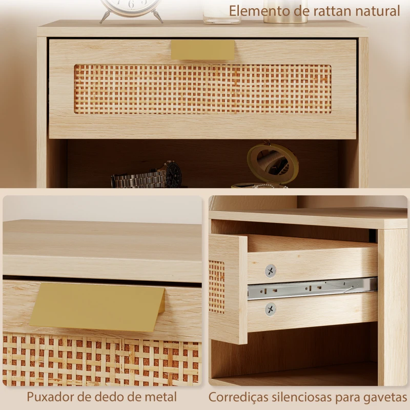 HOMCOM Conjunto de 2 Mesas de Cabeceira Suspensas com Gaveta de Vime Prateleira Aberta Economiza Espaço 40x30x25 cm Carvalho