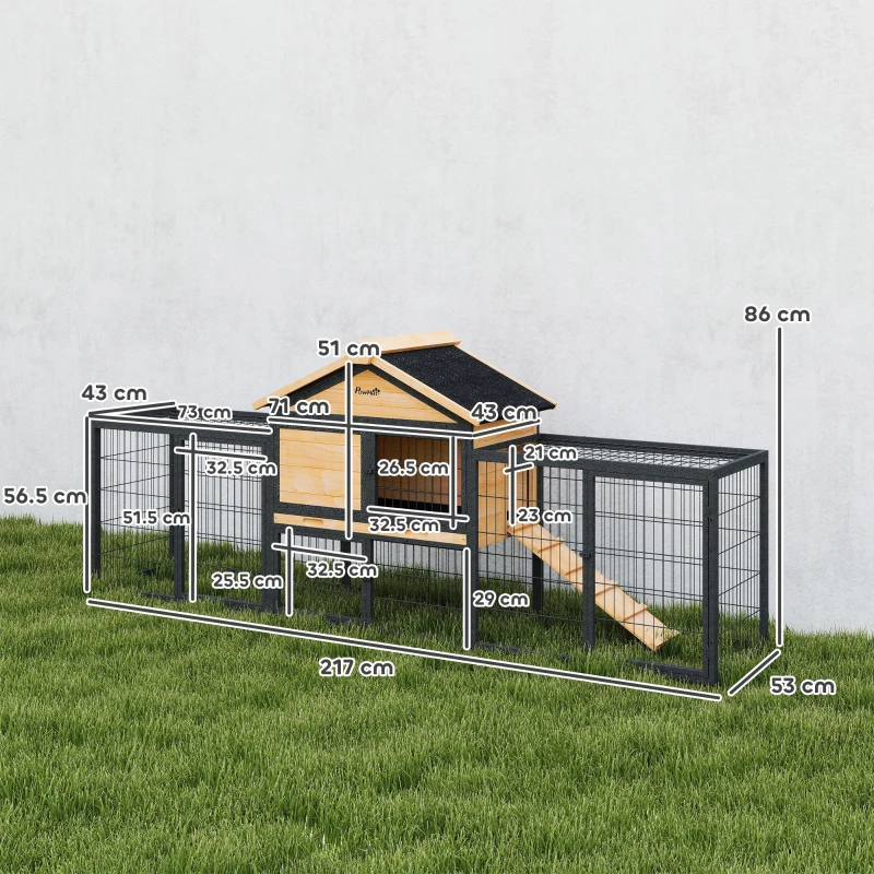 PawHut Wooden Rabbit Hutch Outdoor with Steel Run, Wooden Guinea Pig Cage with Removable Plastic Tray, Asphalt Roof, Ramp