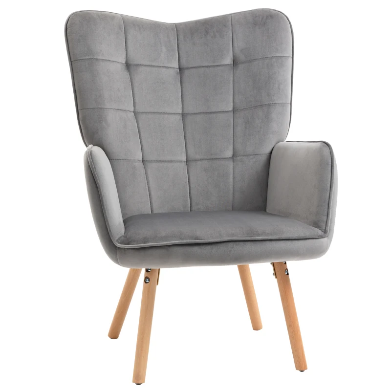 HOMCOM Modern Wingback Armchair, Velvet Accent Chair, Tufted Living Room Chair with Wood Legs, Grey
