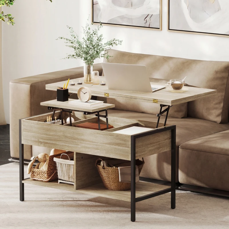 HOMCOM Table basse relevable et extensible, table de salon avec compartiment caché étagères ouvertes, 98x49x55cm, bois naturel