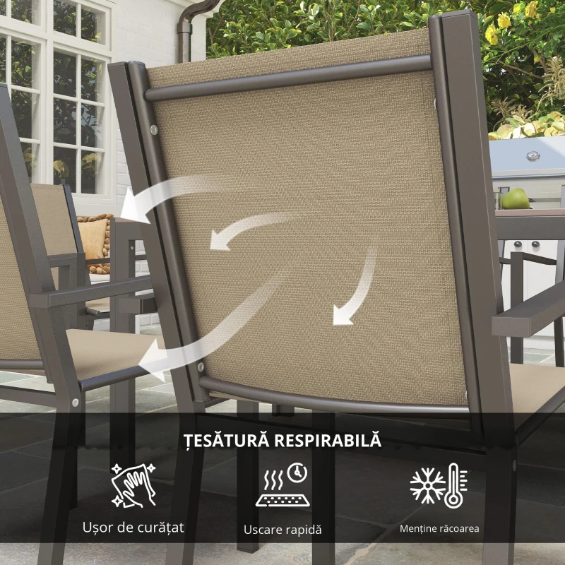 Outsunny Set de Grădină din 7 Piese cu Masă din Plastic-Lemn și 6 Fotolii Stivuibile cu Șezut și Spătar, 150x90x73 cm, Maro