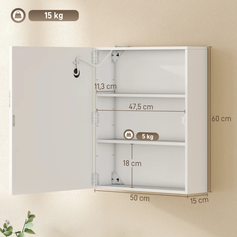 HOMCOM Armoire murale salle de bain avec miroir et éclairage LED, anti-buée, étagères réglables, 50 x 15 x 60 cm, blanc